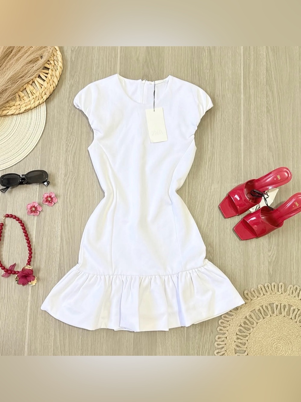 Zara White Cap-Sleeve Ruffle-Hem Mini Dress